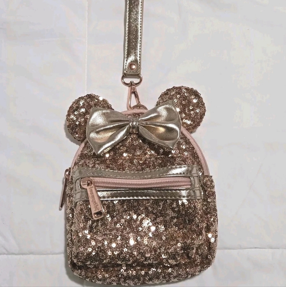 NWOT Disney Parks Loungefly Rose Gold Sequin Minnie Mouse Mini Backpack Wristlet
